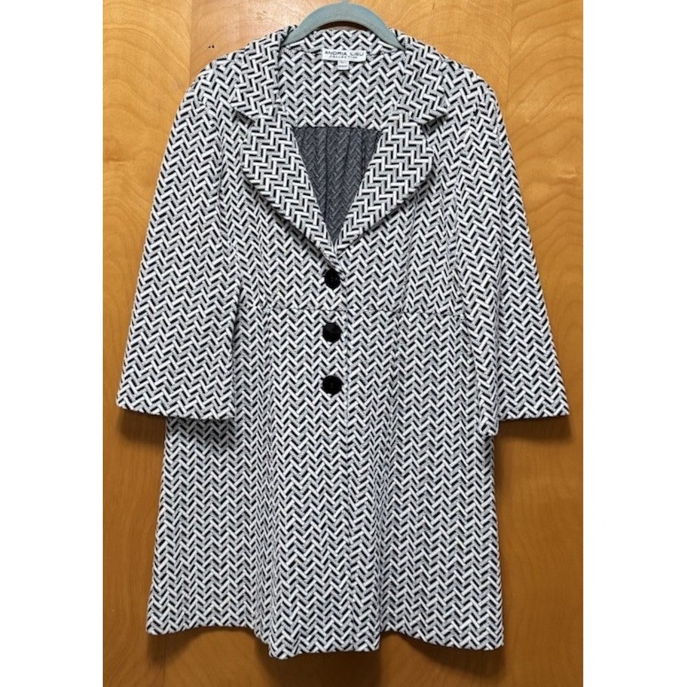 VTG Andria Lieu Womens 3 Button Black White‎ Chevron Knit Jacket 3/4 Sleeve Sz L